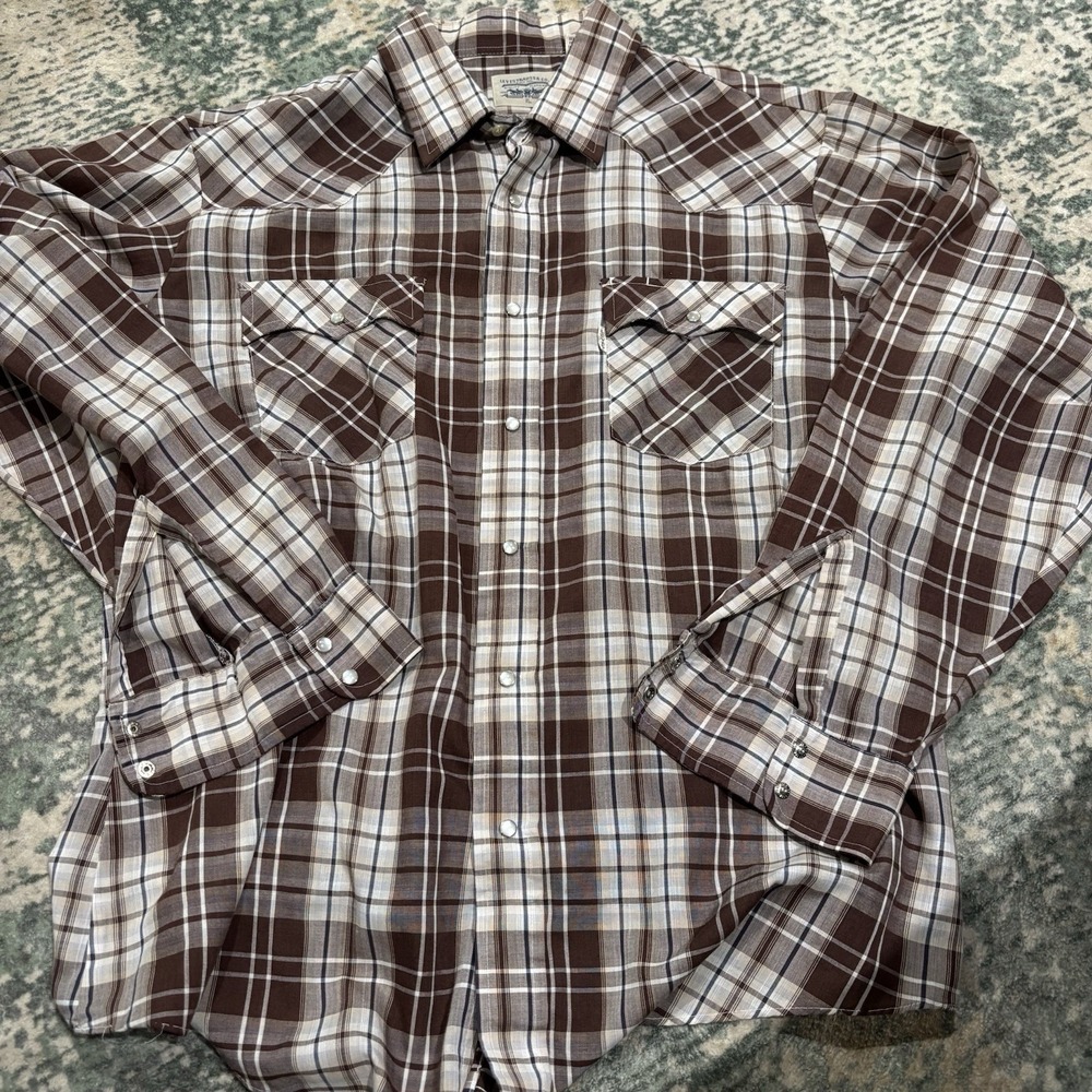 Vintage Levi Silver Tab Western Plaid Shirt XL Thin Material  Pearl Snap‎